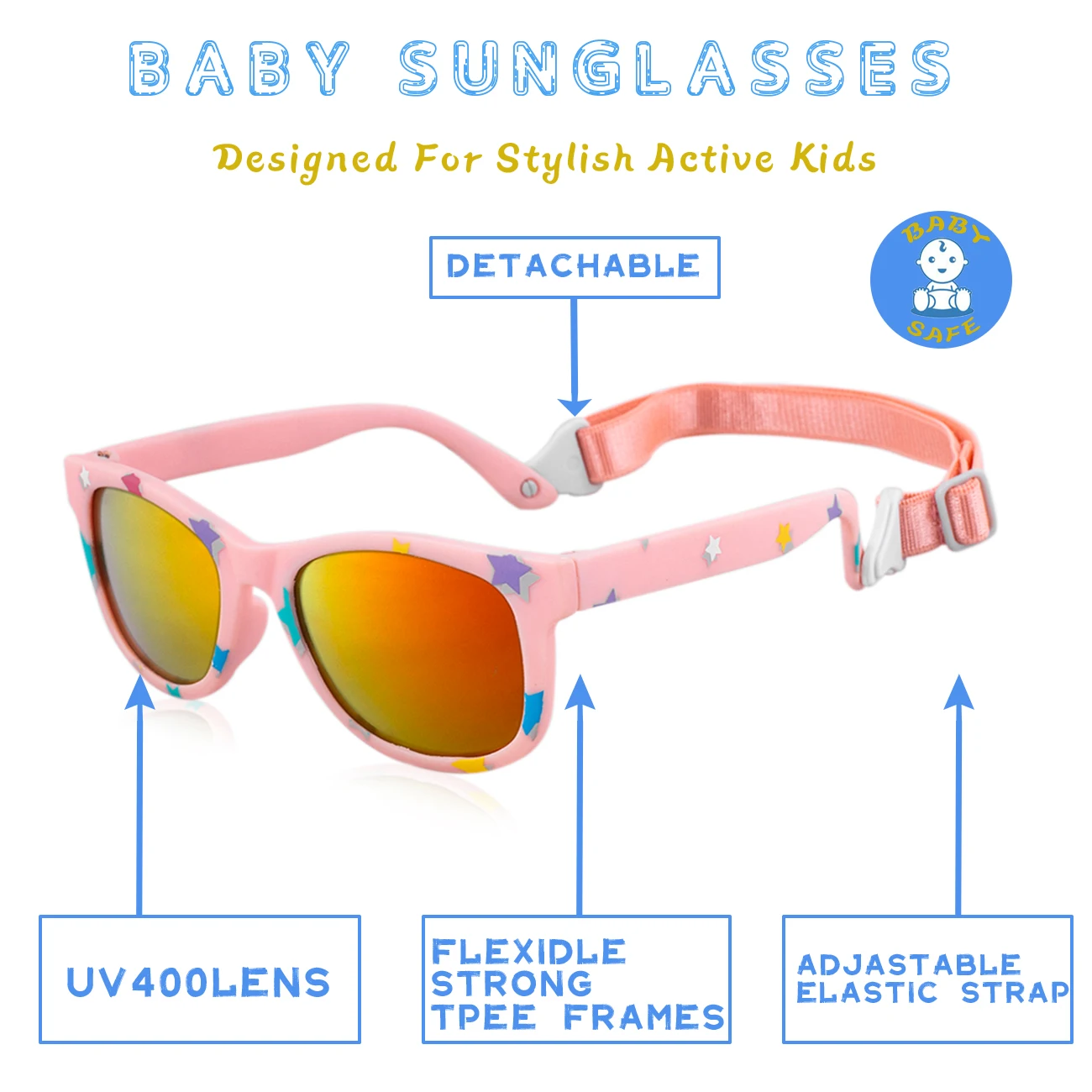 JULI Baby Sunglasses 0-24 Months BPA Free Infant Cute Sun Glasses UV400 Outdoor sports for Girls Boys With Adjustable Strap 7002