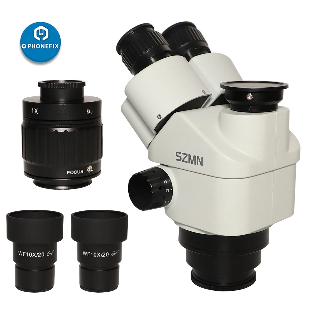 SZMN 7-45X Simul-focal Trinocular Stereo Microscope Head Continuous Zoom WF10X/20 Eyepiece Auxiliary Objective Lens 1.0X CTV Len