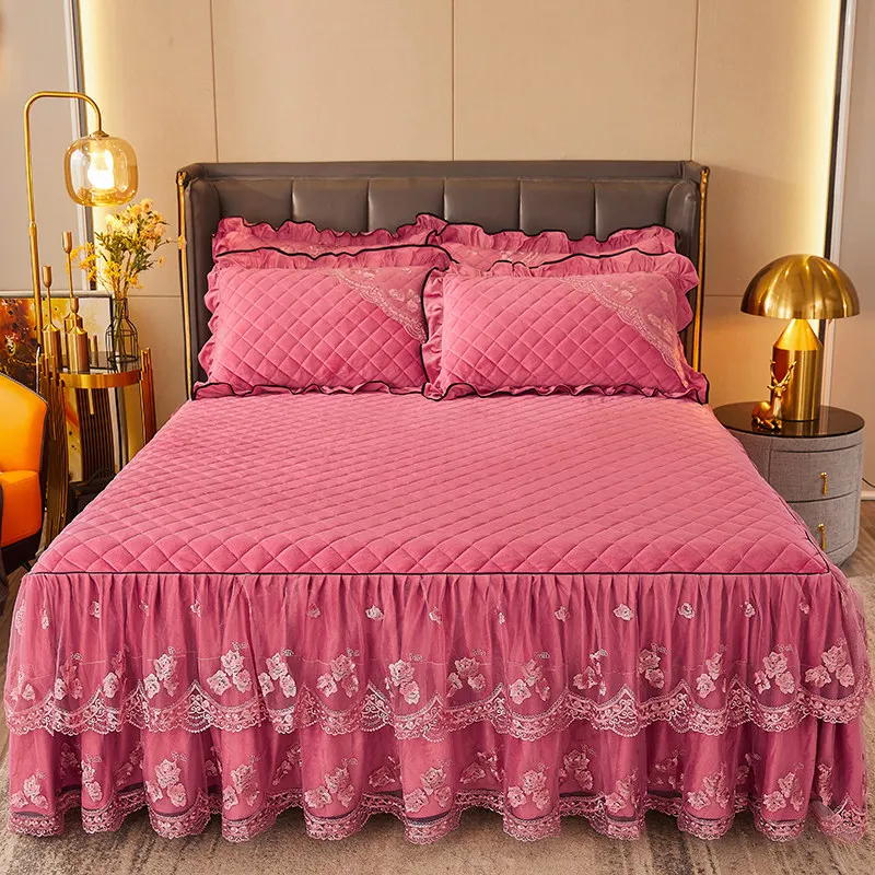 French Bedspread for Queen and King Size, Quilted Velvet, Lace Ruffles Bedskirt, Chic Double Bedsheet, Soft and Thick, 3pcs