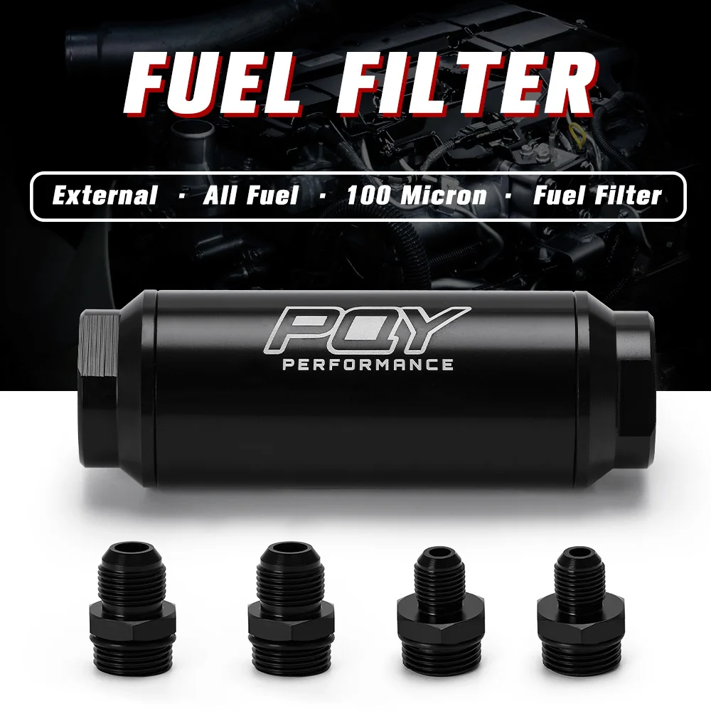 PQY 44mm New Fuel filter with 2pcs AN6 and 2pcs AN8 adaptor fittings with 100micron steel element PQY5565