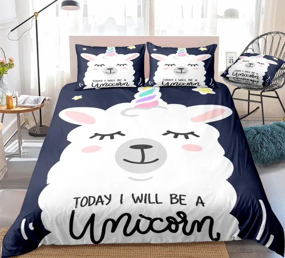 3 Pieces Alpaca Unicorn Bedding Kids Boys Girls White Alpaca Duvet Cover Set Cartoon Animal Quilt Cover Queen Pink Dropship