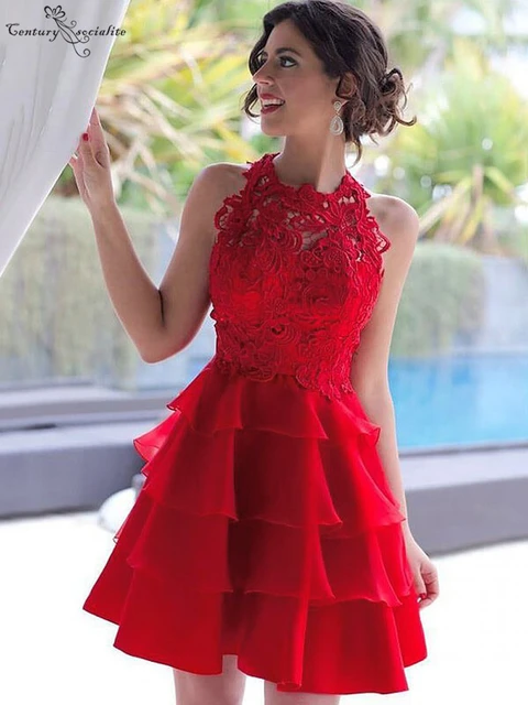 Robe de soiree courte rouge en dentelle jupe a plusieurs niveaux au dessus du genou robe de Cocktail robe de remise des diplomes bon marche 2020 AliExpress