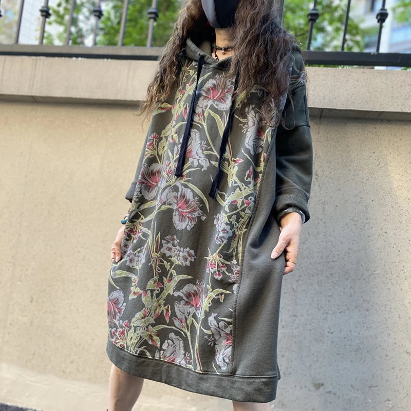 Max LuLu Autumn 2021 Vintage Printed Hooded Dress Women Casual Loose Vestidos Female Harajuku Floral Punk Fitness Long Clothes