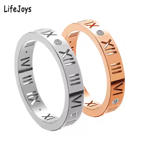 Hollow Roman Numeral Ring Stainless Steel Cute 4mm Rings Zircon Brand Jewelry Women Rose Gold Silver Color Size 4 To 10 Quality