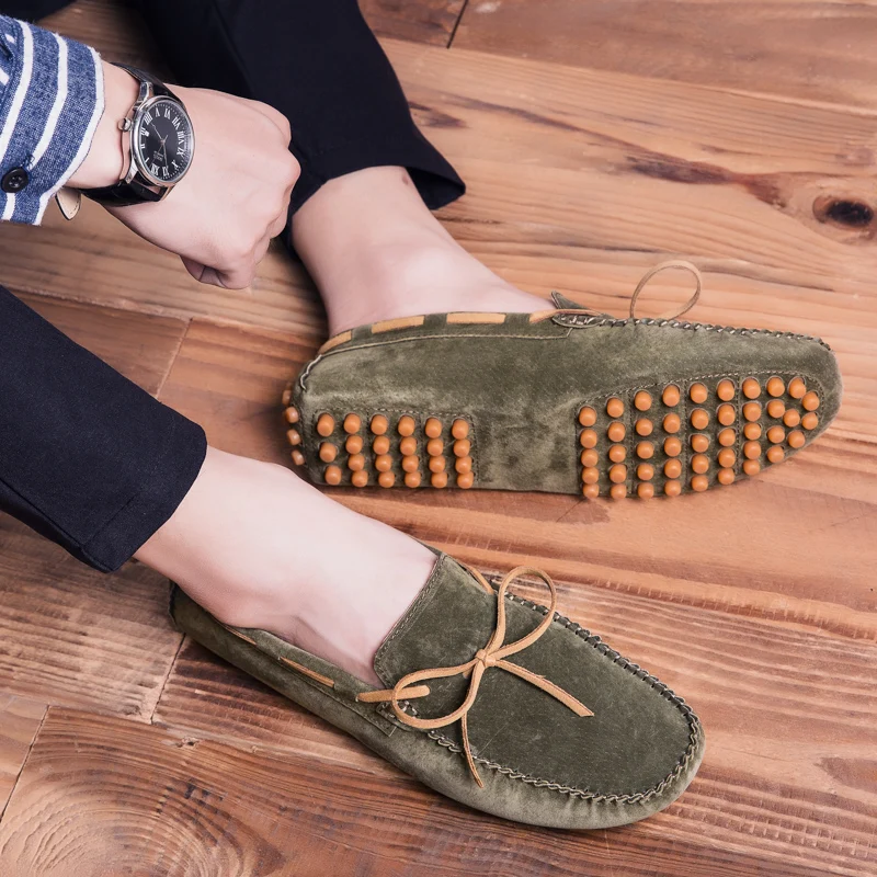 Army Green Suede Leather Penny Loafers Men Casual Shoes Man Moccasins Slip On Men\'s Flats Male Driving Shoes Big Size 38-47