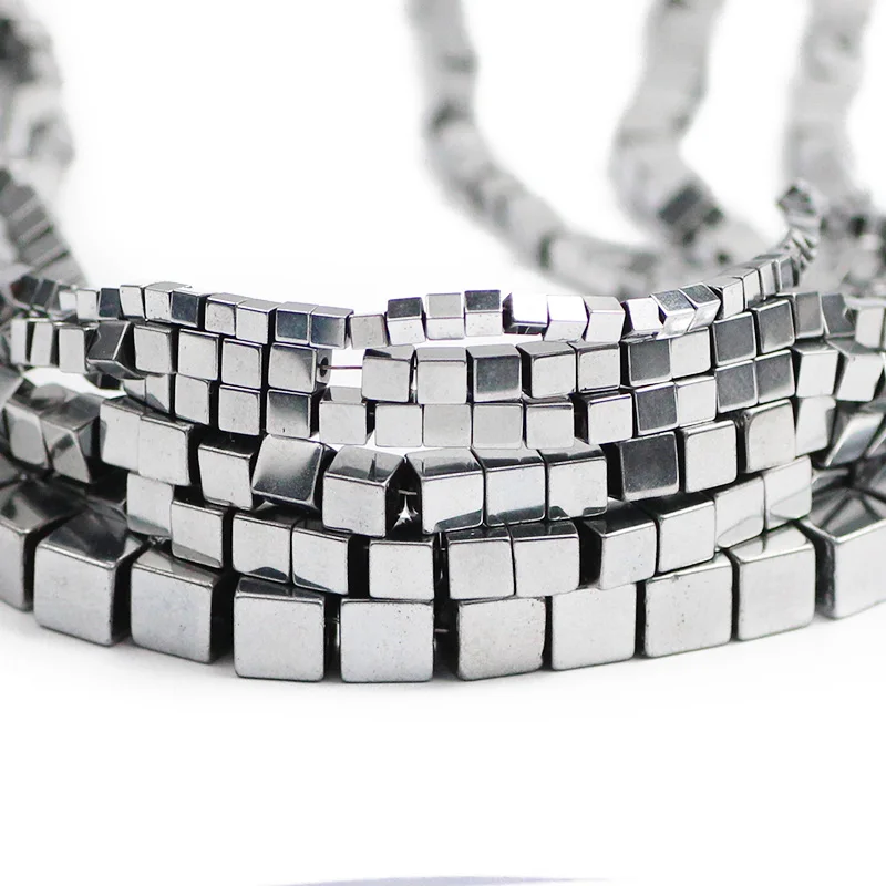 Silver Color Square Shape Natural Hematite Stone 2/3/4/6mm Charm Spacer Loose Beads For Jewelry Making DIY Bracelet Accessories