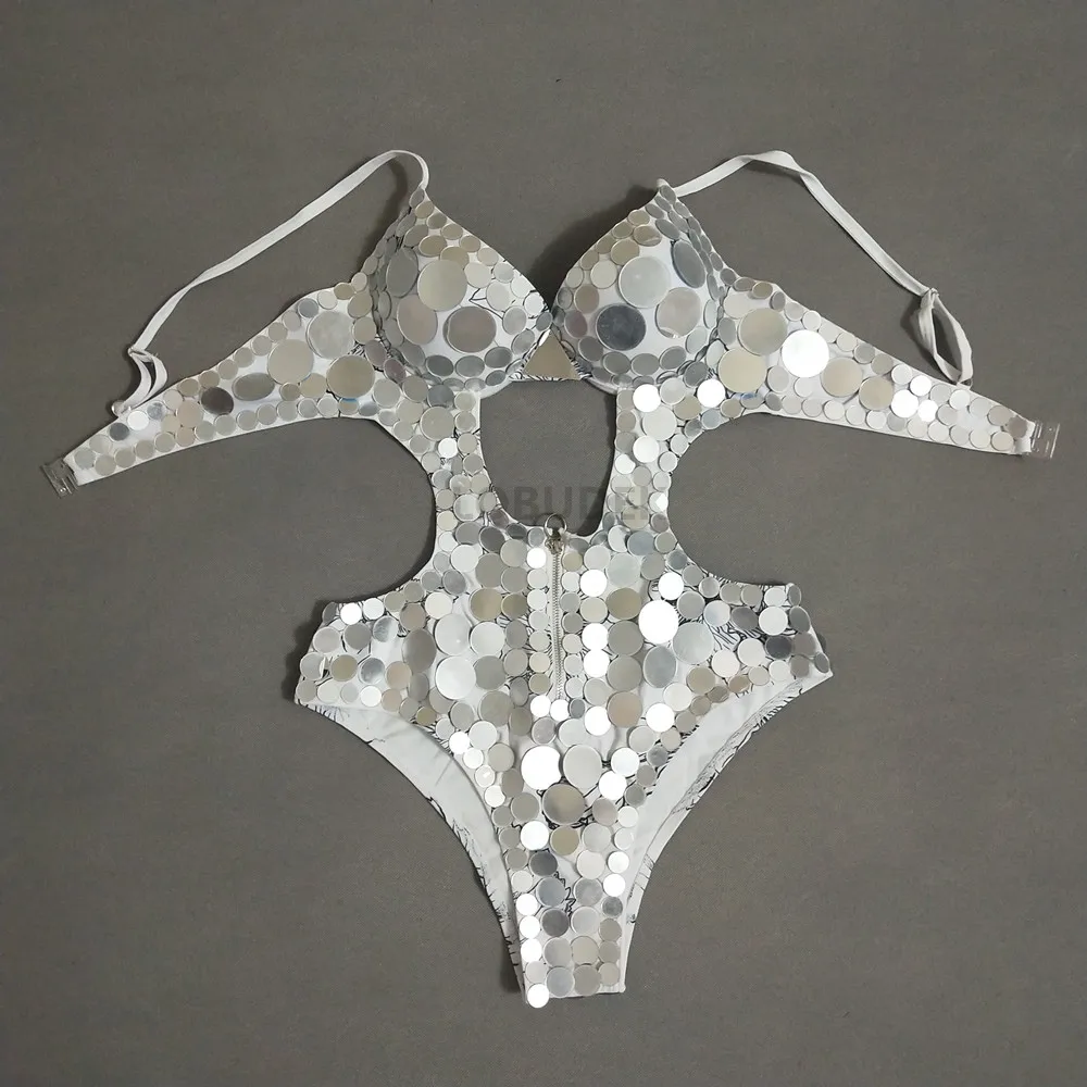 

Бикини с серебряными зеркальными блестками, боди для ночного клуба, бара, сексуальная сценическая одежда, женский костюм танцовщицы Gogo, костюм для выступлений, клубная вечеринка, рейв-наряд