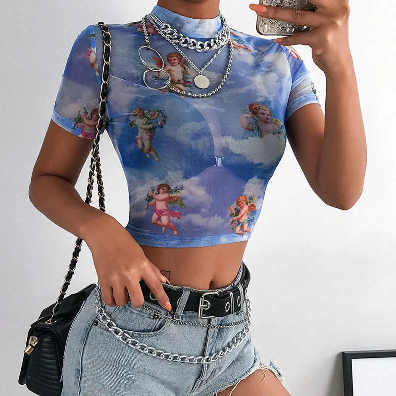 Sexy Hot Women High neck Short Sleeve Angel Cupid Print Mesh See Through Crop Top Female Loose Casual Short Tank T Shirt