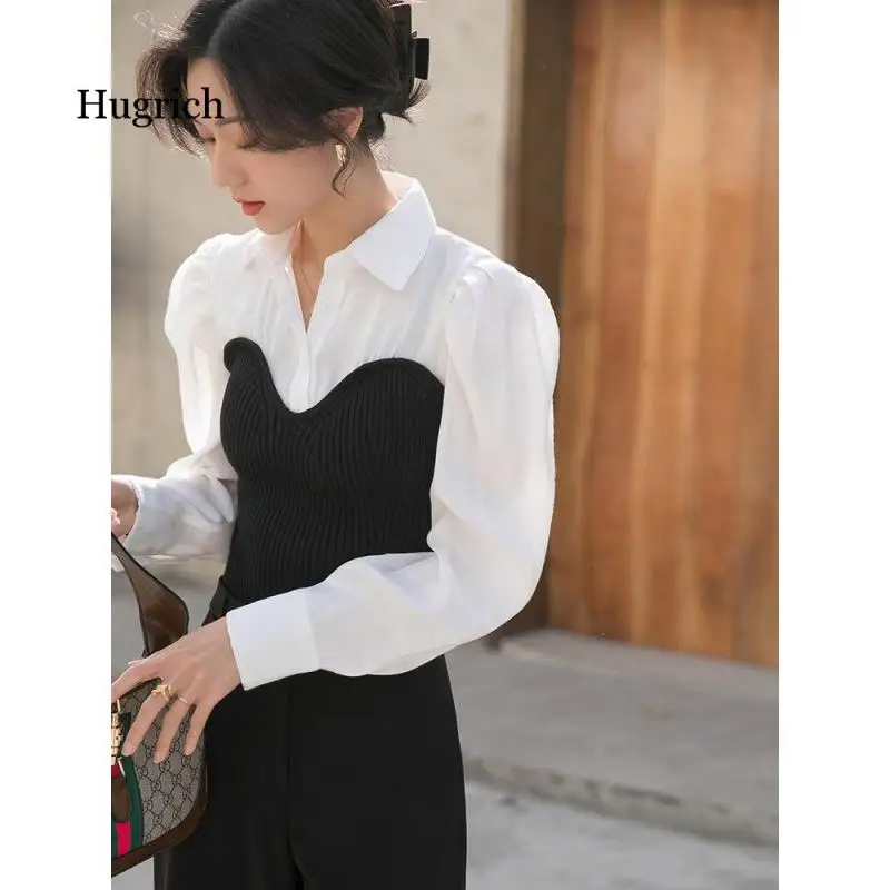 2021 Korean Spring New Simple Fashion Lapel Fake Two Slim Stitched Knitted Long Sleeve Shirt