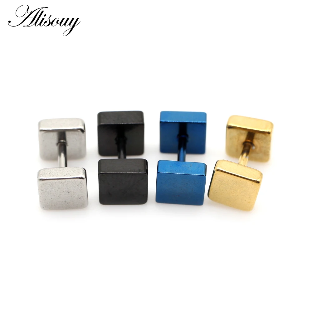 Image of Alisouy 2 stücke Punk Schwarz Gold Farbe Edelstahl Unisex Frauen Männer Platz Hanteln Schraube Ohr Bolzen Ohrringe Piercing schmuck