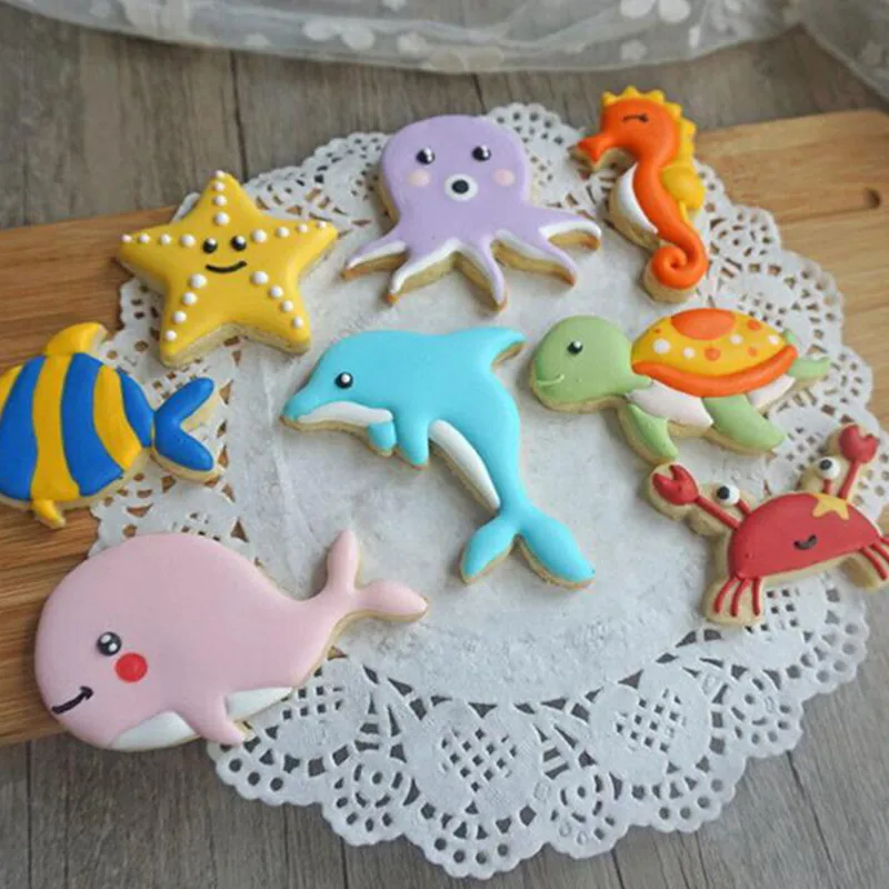 8pcs/set Whale Dolphin Octopus Crab Turtle Fondant Tools Biscuit Moulds Sea Cookie Cutter Sugar Craft Baking Pastry Stamp Mold