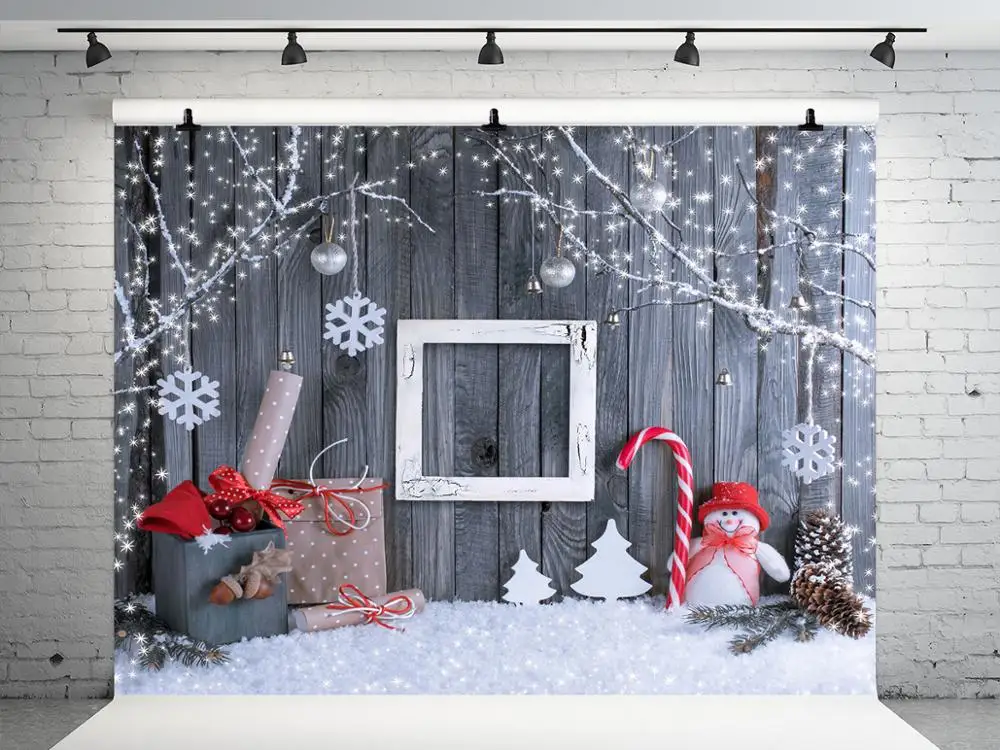 

VinylBDS Wood Photography Backdrops Christmas 10x10ft Snowflake Snowman Christmas Decorations For Home Cotton Studio Background