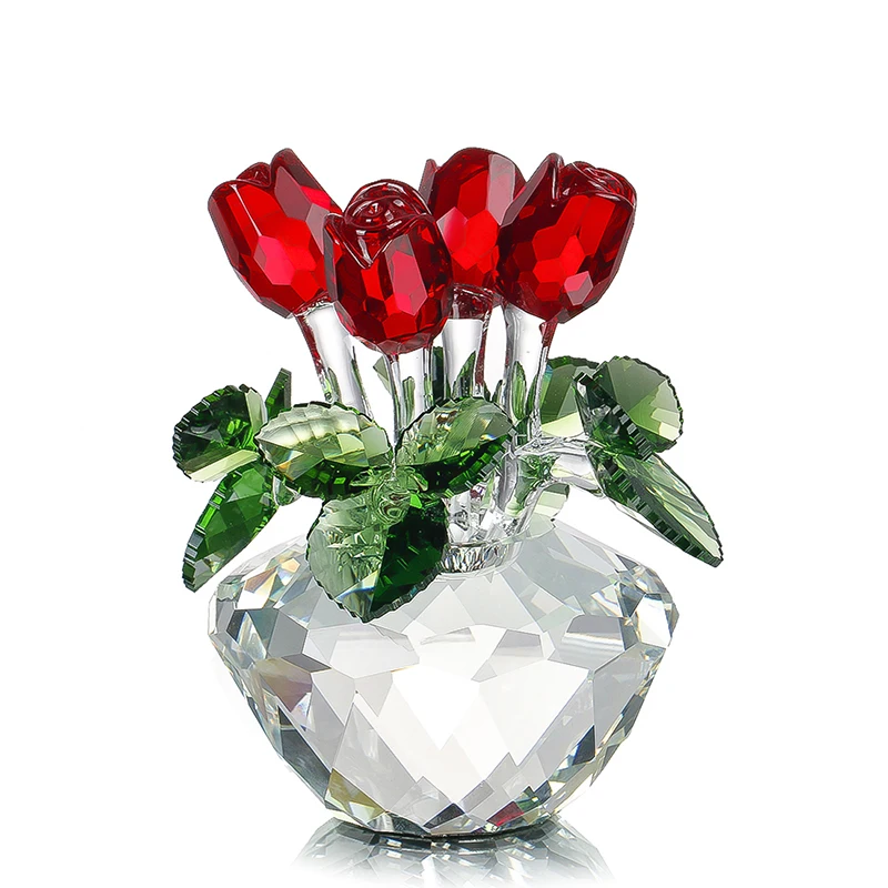 

Souvenir Gift Crystal Red Rose Flower Figurine Spring Bouquet Sculpture Ornaments Gift-Boxed Home Wedding Decor Favors