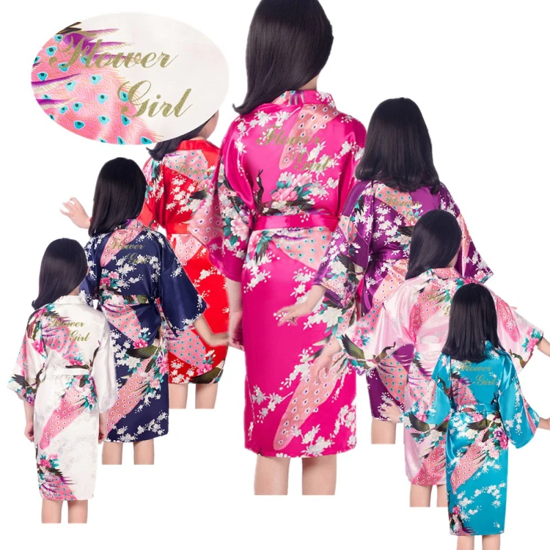 Wholesale Children Robes Flower girl with Gold Glitter Girls Satin Kimono Kids Peacock Flower Robe for Wedding Bridal Party D12