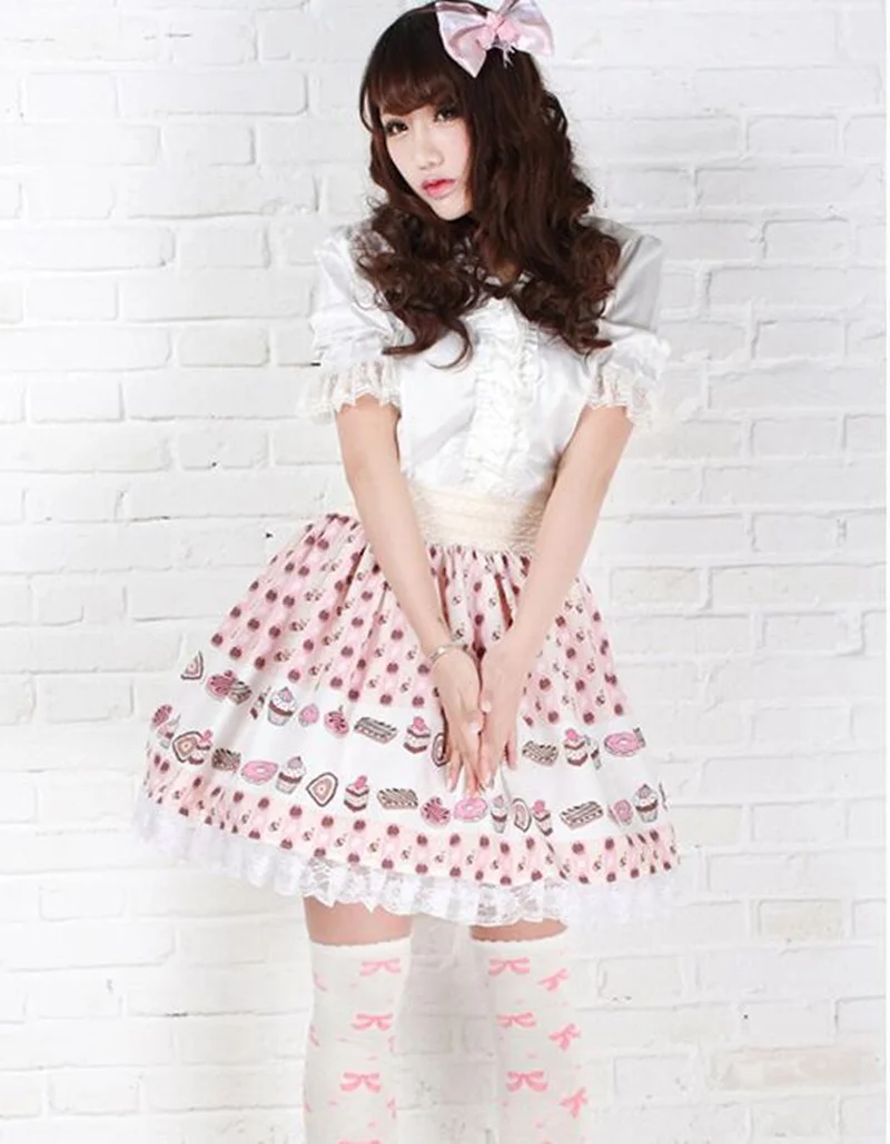 Summer New Women Full Off Cakes Printed Plus Size Skirt Cute Lolita Princess Kawaii Japanese Lace Hem Elastic Waist Pink Bottoms