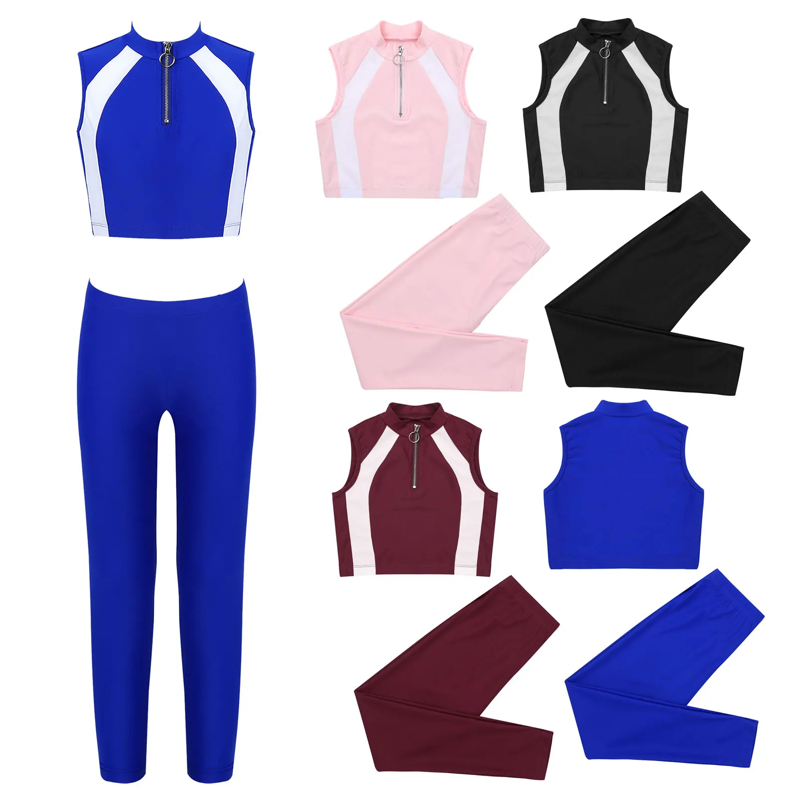 2 pezzi bambini ragazze abbigliamento sportivo colletto alla coreana senza maniche cerniera top corto e pantaloni set bambini ginnastica corsa esercizio abbigliamento