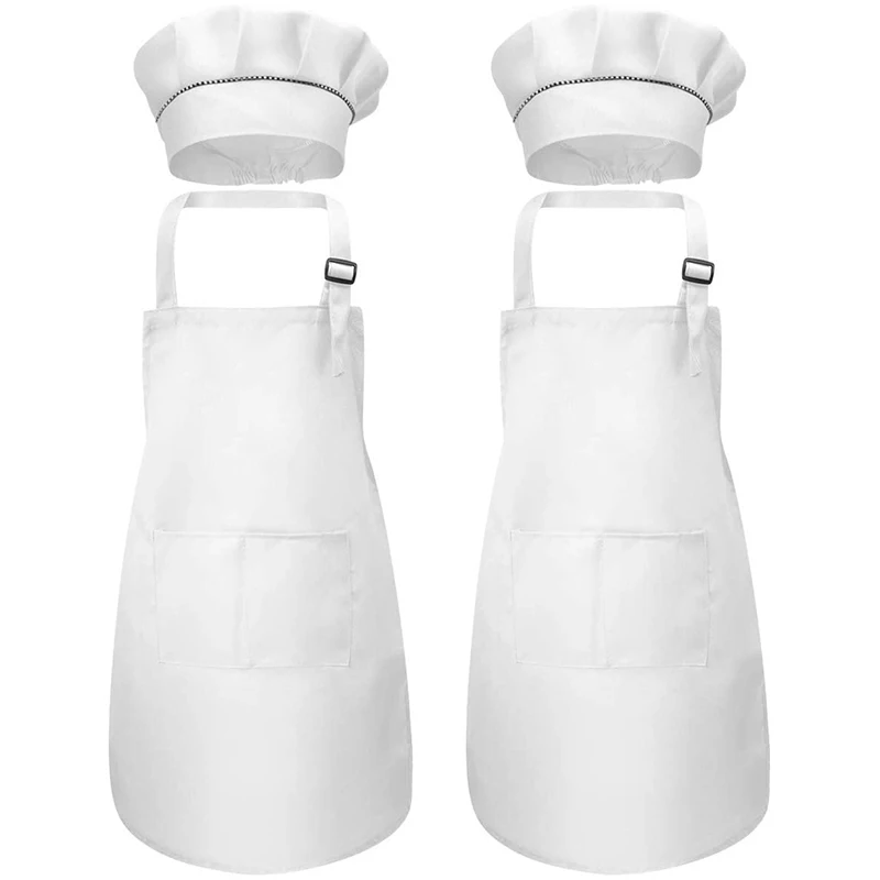 6 Sets(12pcs) Apron and Chef Hat Set, Adjustable Children\'s Apron with Pockets (White, Suitable for 2-6 Year Old S)