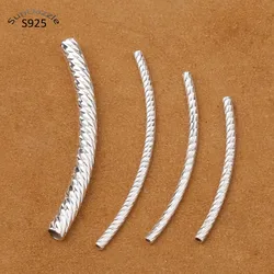3pcs Genuine Real Pure Solid 925 Sterling Silver Connector Engraved Long Curved Tube Beads Spacer  Jewelry Making Findings