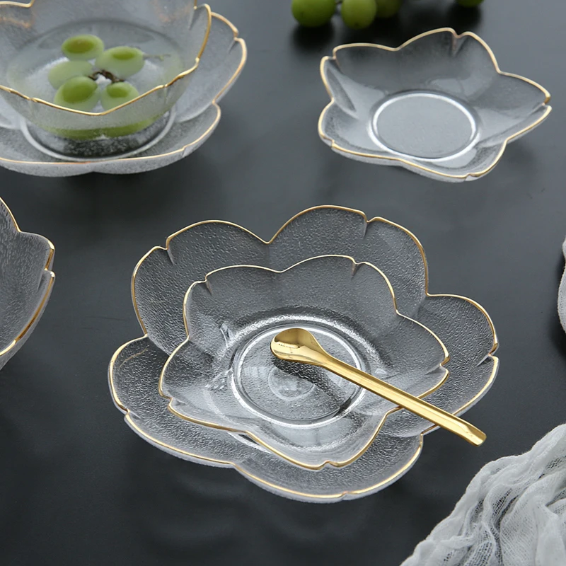 

Ahdiha Glass Flower Golden Plate Cutlery Set Retro Salad Fruit Dinnerware Dishes Soup Cake Set Bowl Plate Kitchen Decoration