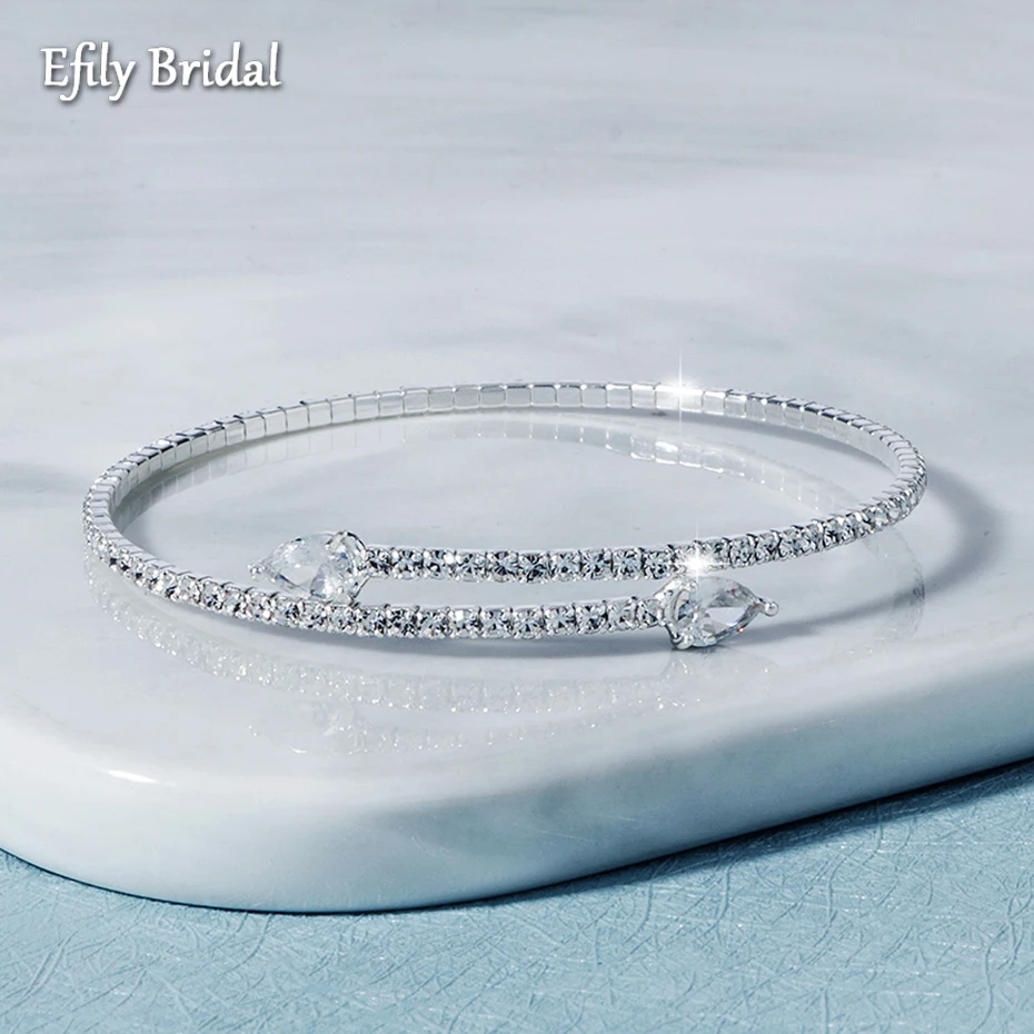 Efily Korean Fashion Rhinestone Bracelet Silver Color Crystal Bangle Bracelet Wedding Party Jewelry for Women Christmas Gift