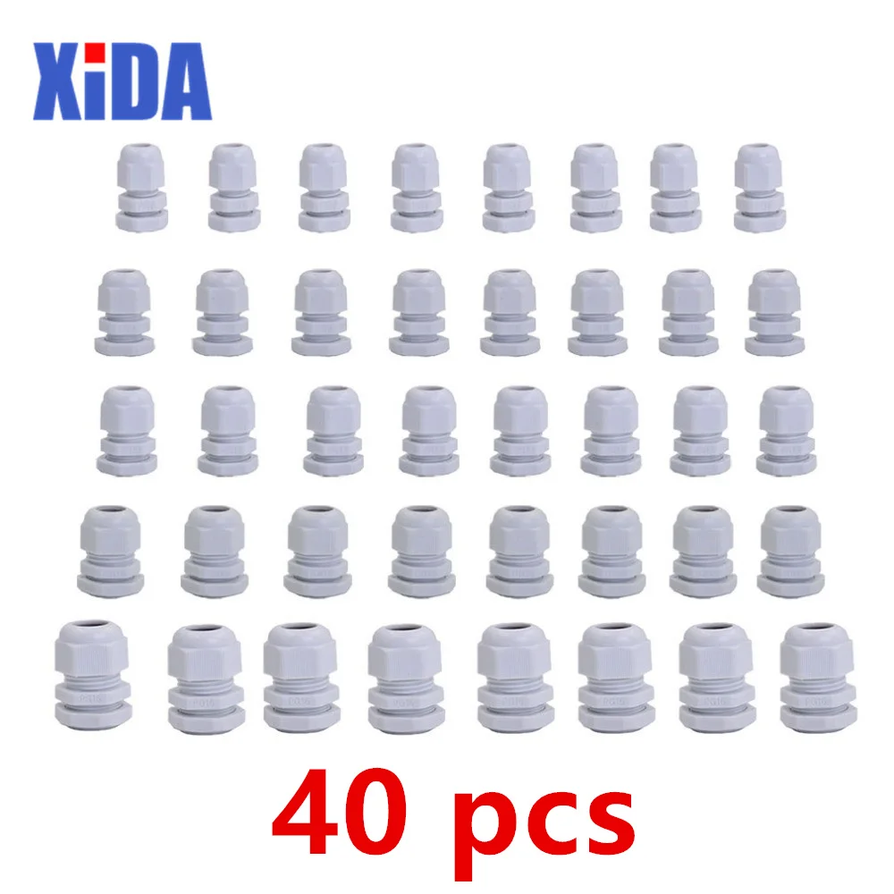 40pcs IP68 Each of 8 PG7 PG9 PG11 PG13.5 PG16 Thread Nylon Cable Gland Kit Wire Connector Waterproof Plastic Cable Gland Reducer