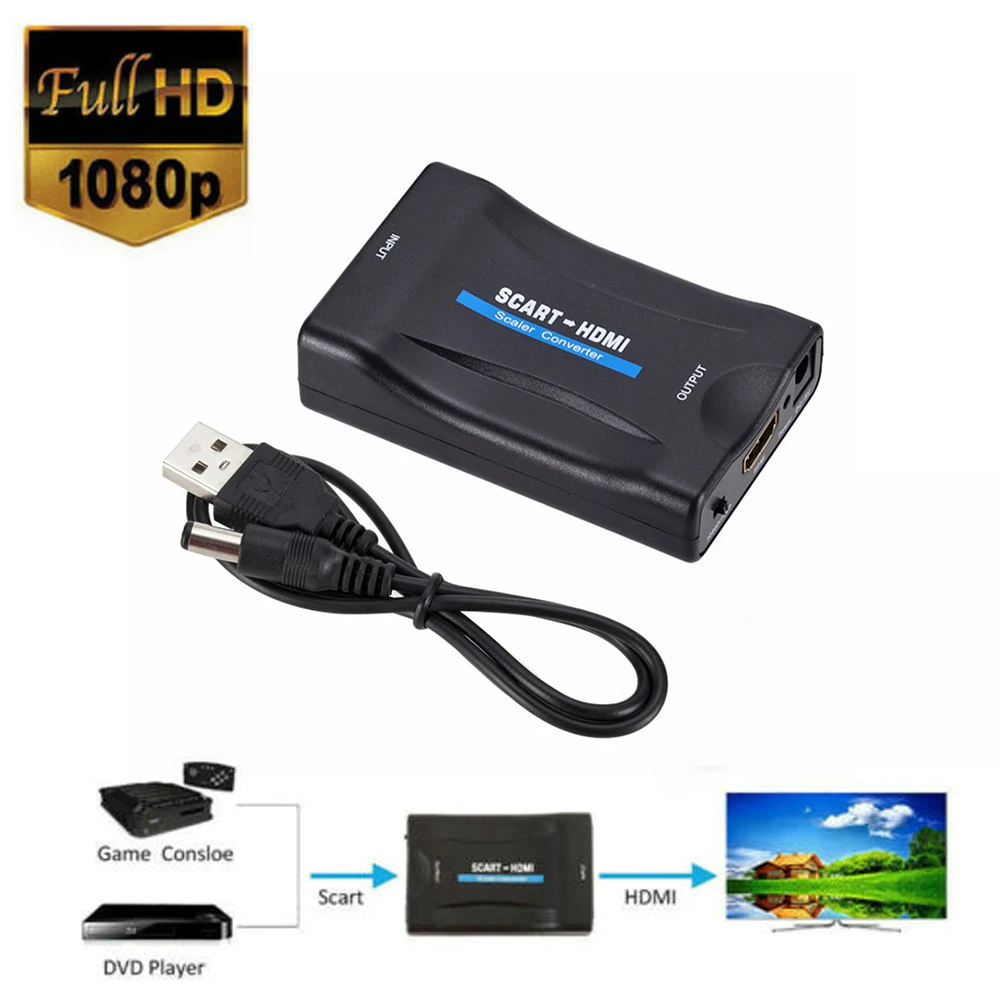 1080P SCART HDMI-compatible Video Audio Converter with USB Cable For HDTV Sky Box DVD Television Signal Upscale Converter