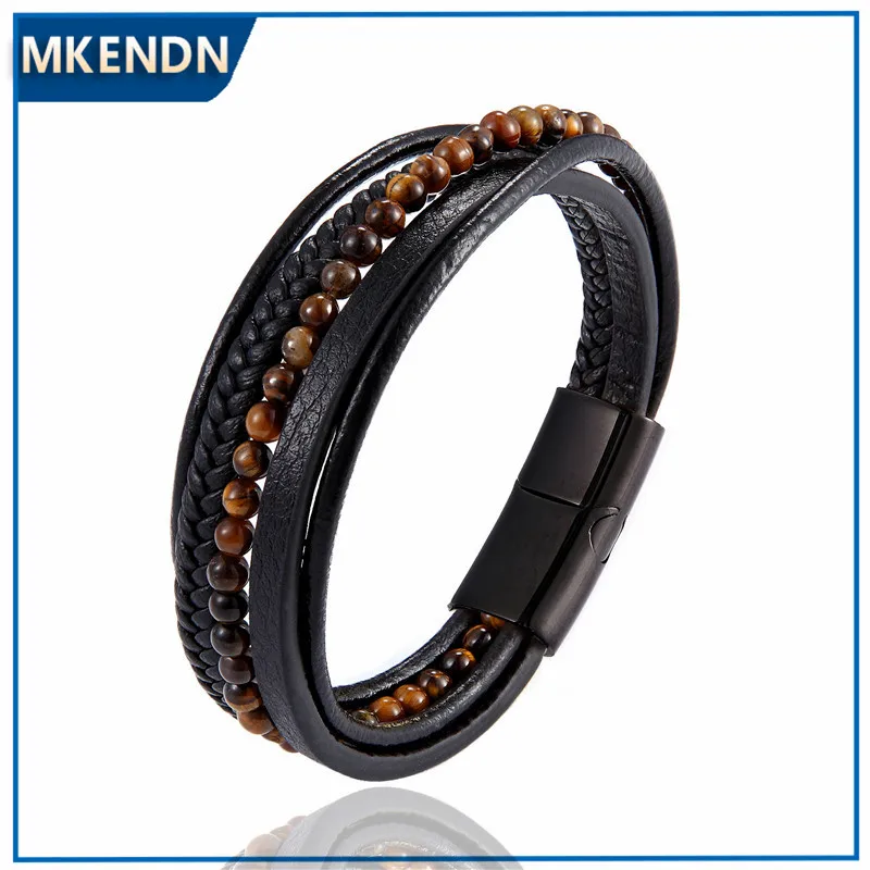 Mkendn moda masculina jóias trançado pulseira de couro vermelho tigre olho contas pulseira preto aço inoxidável fecho magnético