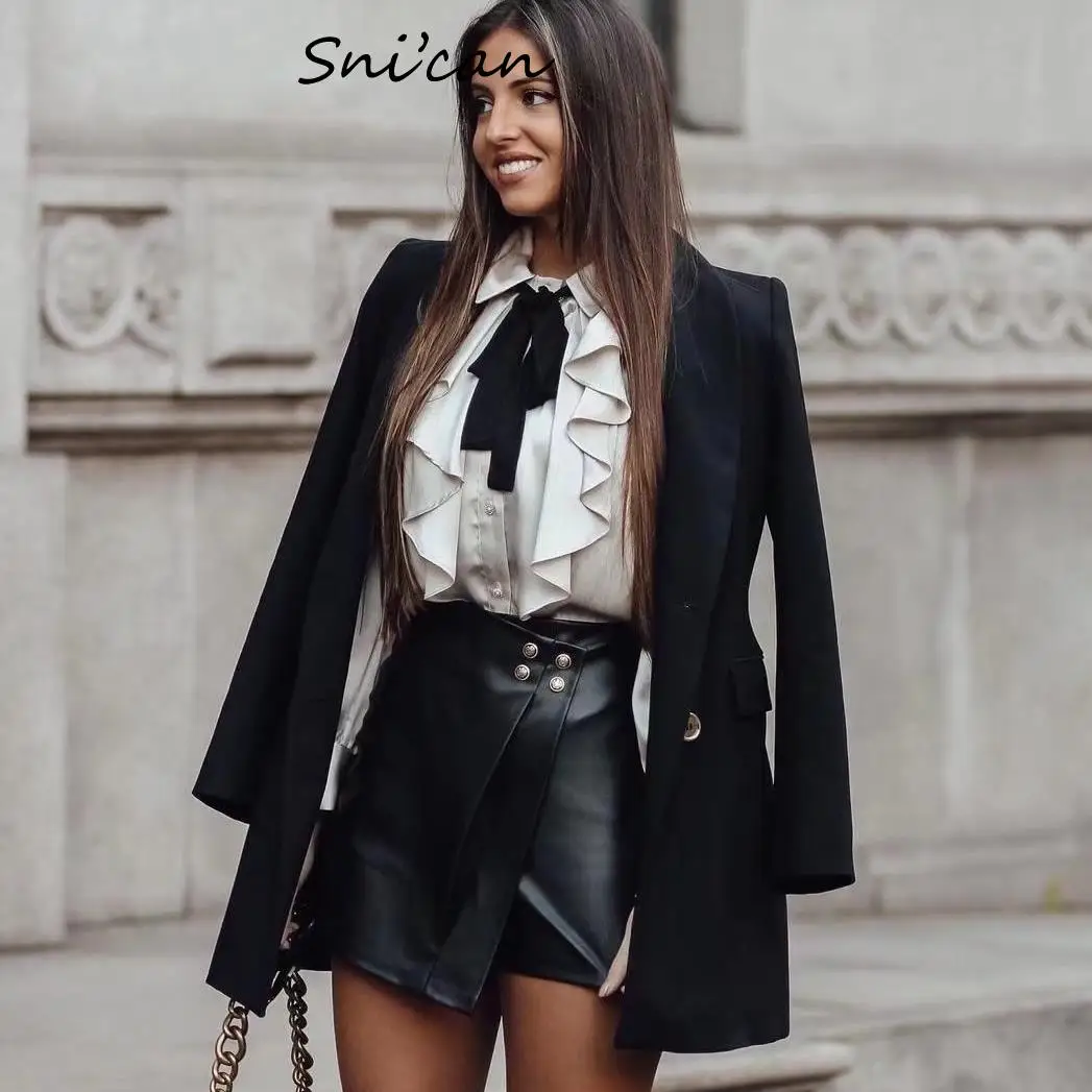 Solid Ruffle Blouse With Black Bow Fashion Office Ladies Satin Shirts Female Femme Chandails Women Fashion Chic Tops Snican