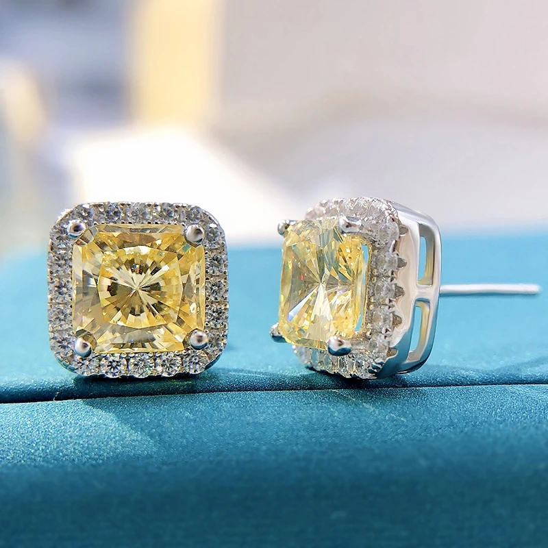 OEVAS 100% 925 Sterling Silver 7*7mm Pink Yellow High Carbon Diamond Stud Earrings For Women Sparkling Wedding Fine Jewelry Gift