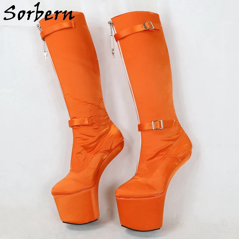 Sorbern Custom Calf Boots Women Lockable Zipper Hoof Heelless Hidden Wedge Boots Crossdressed Heels Front Zippers Ankle Strap