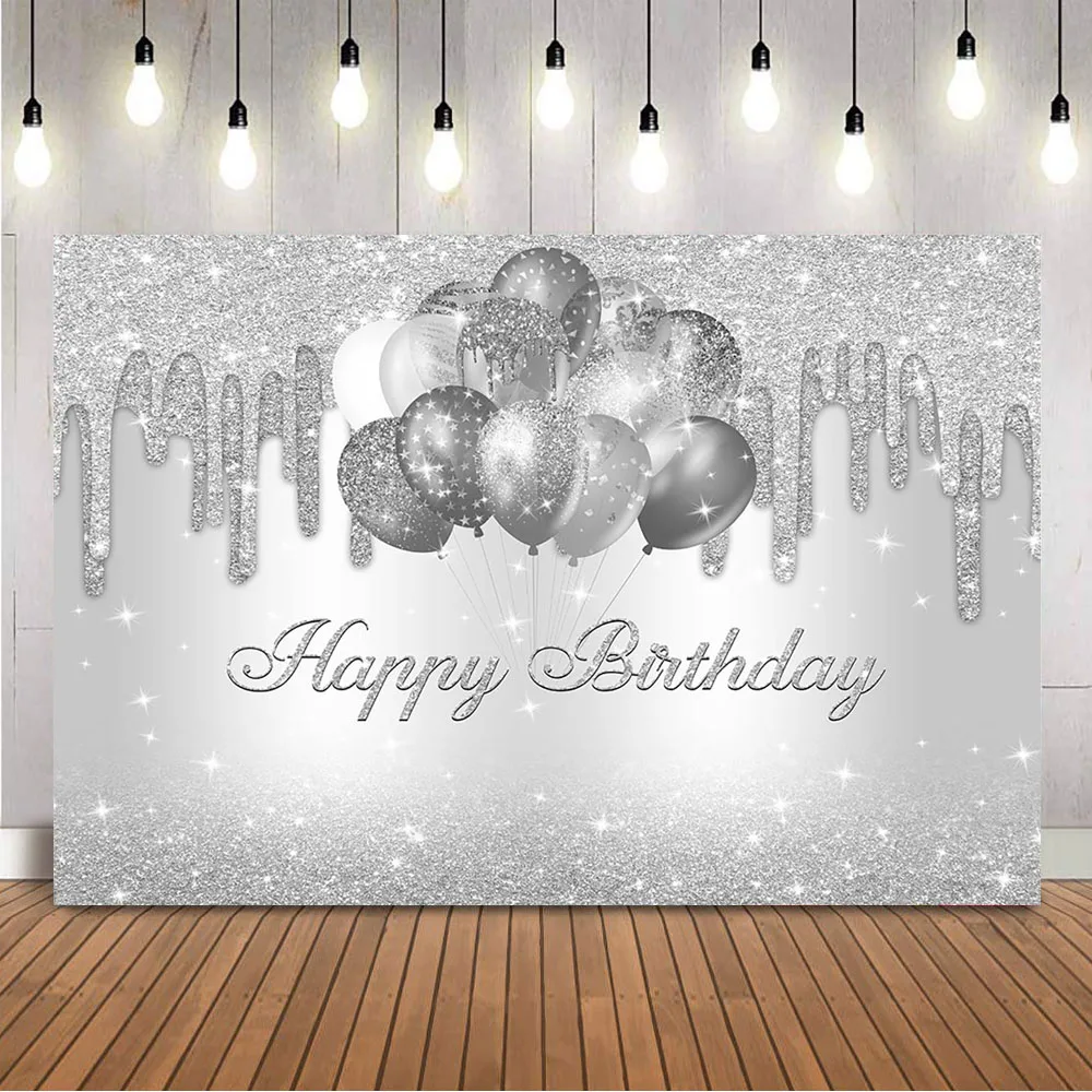 

Sliver Glitter Birthday Backdrop Adult Women Theme Party Decoration Balloons Personalize Sprinkle Shining Dots Photo Backdrops