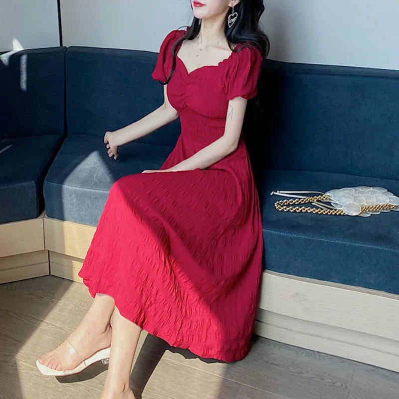 Dress Women Vintage Puff Sleeve French Summer Fashion Party Romance Empire Ladies Dresses Popular A-line Elegant Womens Vestido