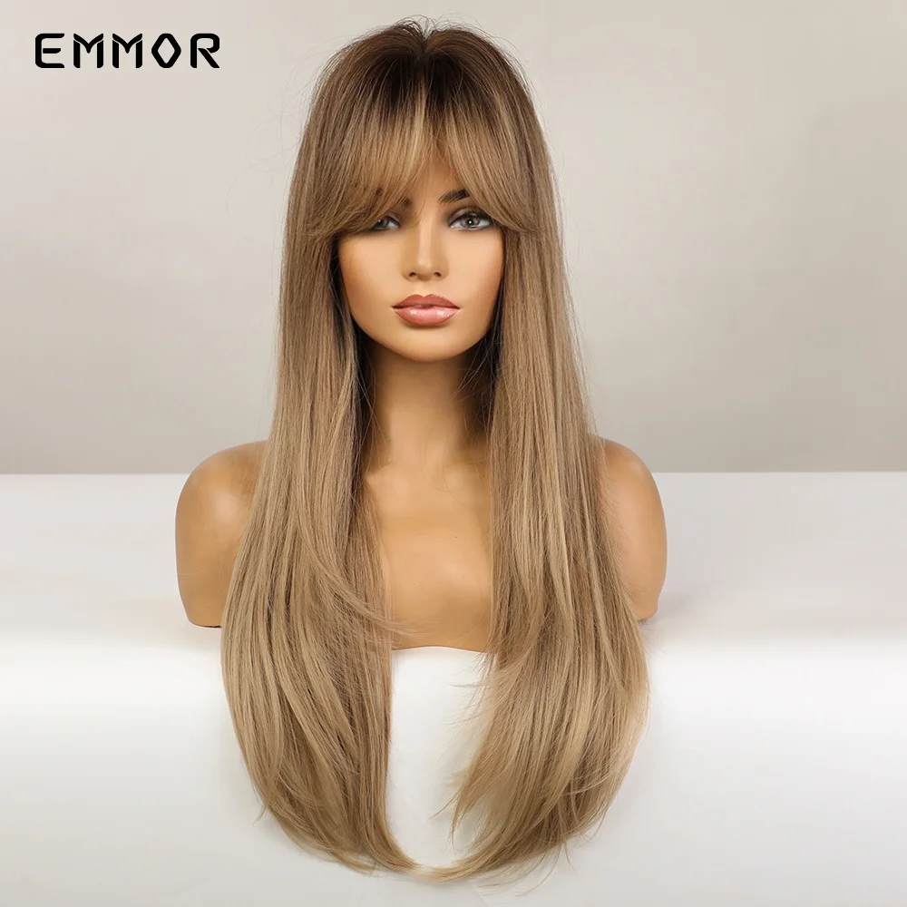 Emmor Synthetic Hair Wigs with Bangs Long Straight Wigs for Women Heat Resistant Ombre Black Brown Golden Blonde Cosplay Wigs