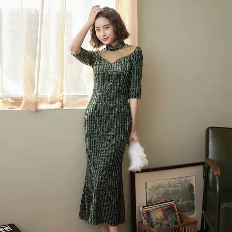 Autumn Winter New Velvet Improved Long Cheongsam Young Lady Sexy Catwalk Fishtail Dress Mujer Evening Party Midi Vestidos