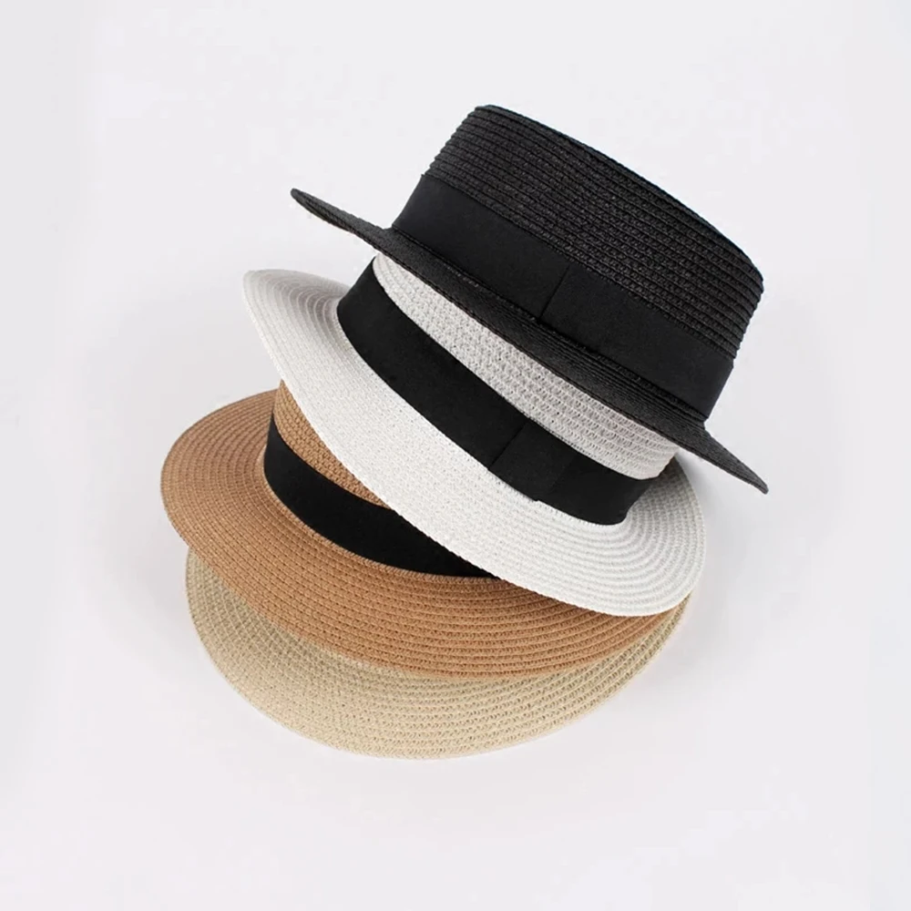 2019 new women\'s hat Ribbon Straw Sun Hat Breathable Large Brim Beach Summer Boater Beach Ribbon Round Flat Top Hat For Women