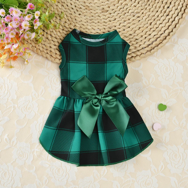 2021 Christmas Dog Plaid Skirt Sweet Dog Bowknot Princess Dress Pet Princess Clothes For Small Dogs Pet Plaid Skirt Pet Supplies