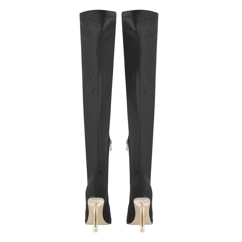 Onlymaker Women  Over The Knee Boots Pointed Toe Black Satin Flock High Stretch Clear Metal High Heel Zipper Concise Sock Boots