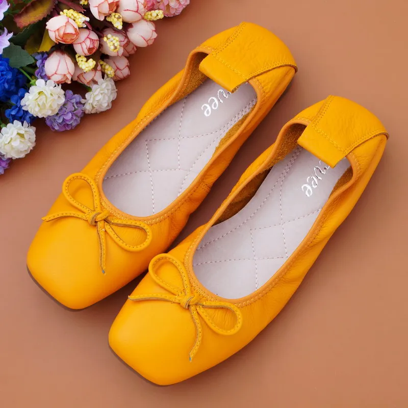 Sweet Bow Square Toe Ladies Flats Shoes New Genuine Leather Slip On Loafers Shoes For Woman Plus Size 34-43 Women's Ballet Flats image 3