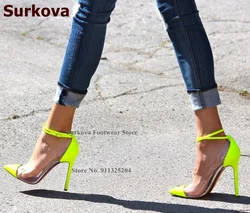 Surkova Clear PVC Patchwork Bridal Shoes Neon Yellow Patent Leather Stiletto Heel Dress Pumps Ankle Buckle Strap Footwear Size45