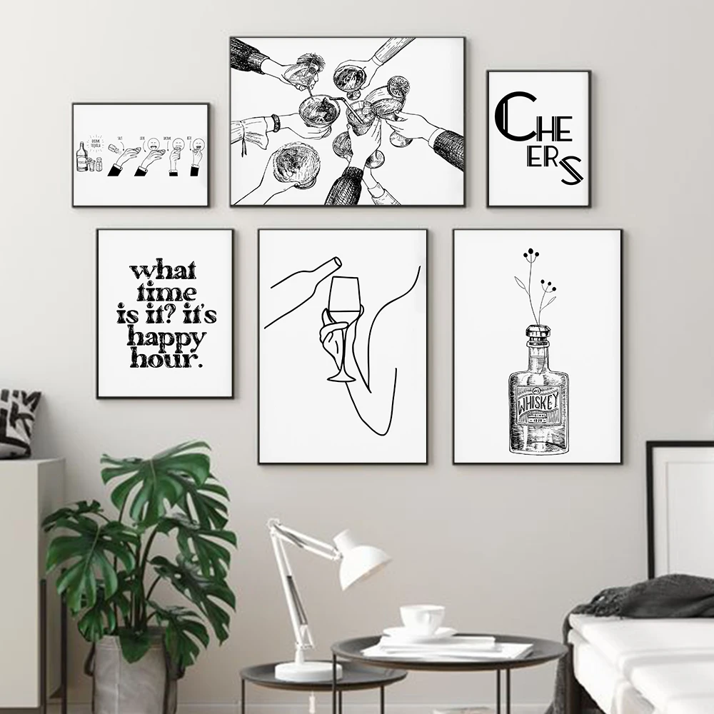 Funny Bar Kitchen Black White Decor Poster Cheers Sign Art Quote Canvas Bar Cart Drinks Painting Line Wine Cocktail Wall Picture