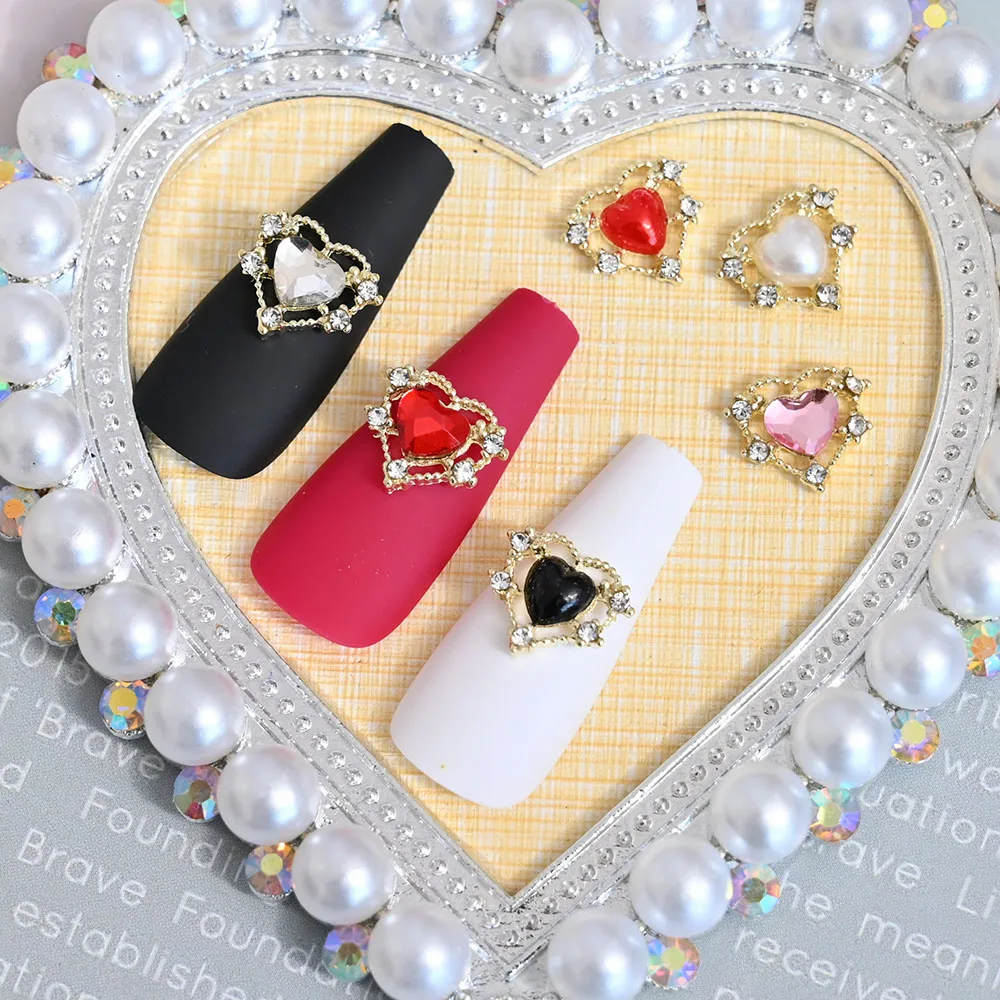 10pcs Loving Heart Nail Decorations Valentine's Day Luxury Diamond Gilding Charms Glitter Hearts Shape Rhinestones Nail Supplies