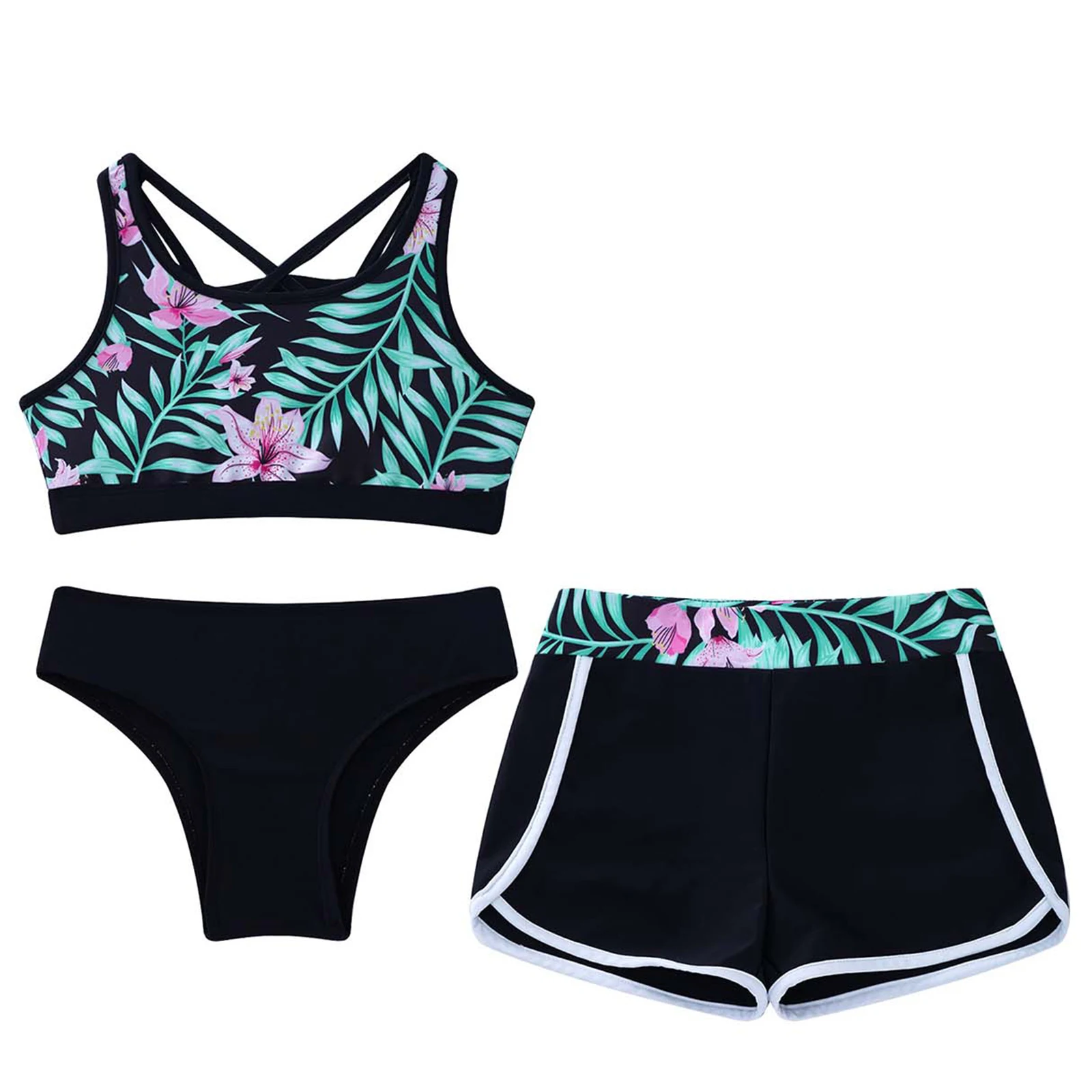 Teens Girls Print Swimwear Swimsuit Cross Straps Crop Tops with Shorts Briefs Set Beach Pool Water Park Bathing Suit Rash Guard