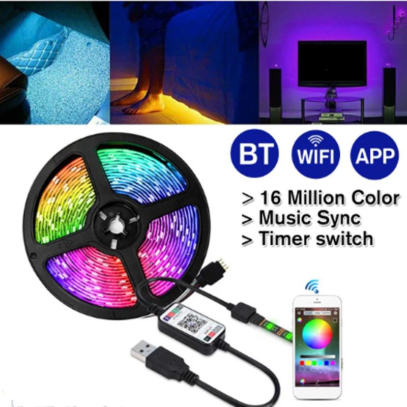 5V 2m USB Power bluetooth LED Strip Light 5050 RGB 30LED/M  Remote WiFi APP Control TV Backlight Flexible Light Tape IP65 black