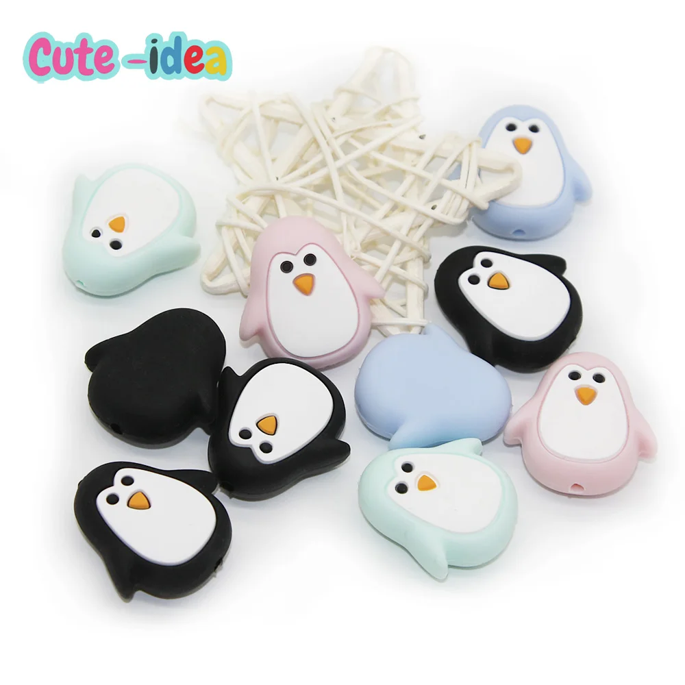 Cute-Idea 10PCs Mini Penguin Silicone Beads Teething Chewing Food Grade Toys Pacifier Chain Rodent Accessories DIY Teether