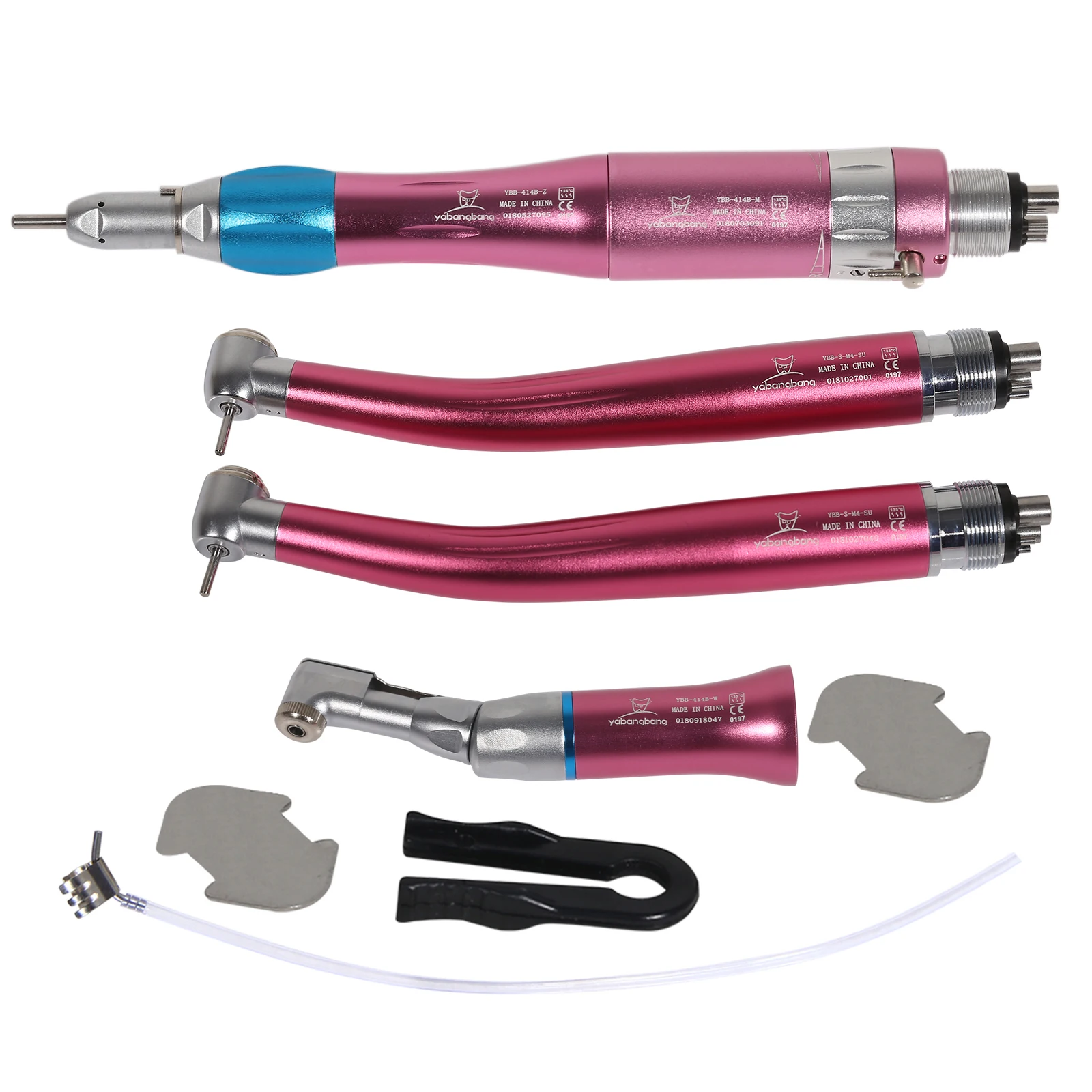 

Dental 4 Holes 2Pcs High Speed +Contra/Straight Low Speed Handpiece Air Turbine Pink Kits 1:1Ratio Push Button fit NSK Style