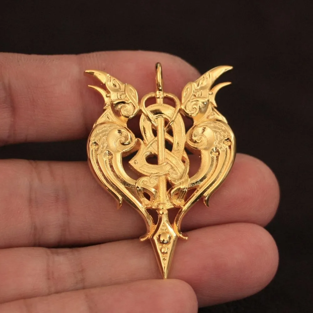 

LINSION Detail Double Crow Pendant Gold Plated Brass Mens Biker Rock Punk Jewelry GP144 JP