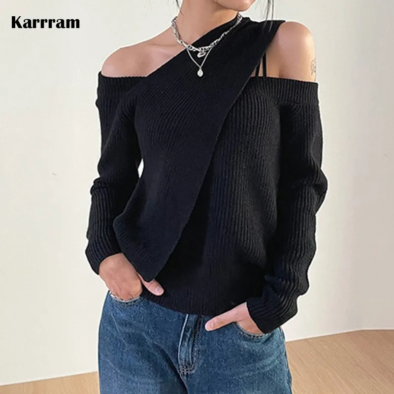 Karrram Winter Spring Women Sweater Knitted Cutout Sexy Off Shoulder Cross Korean Style Jumper Warm Lady Tops Irregular Pullover