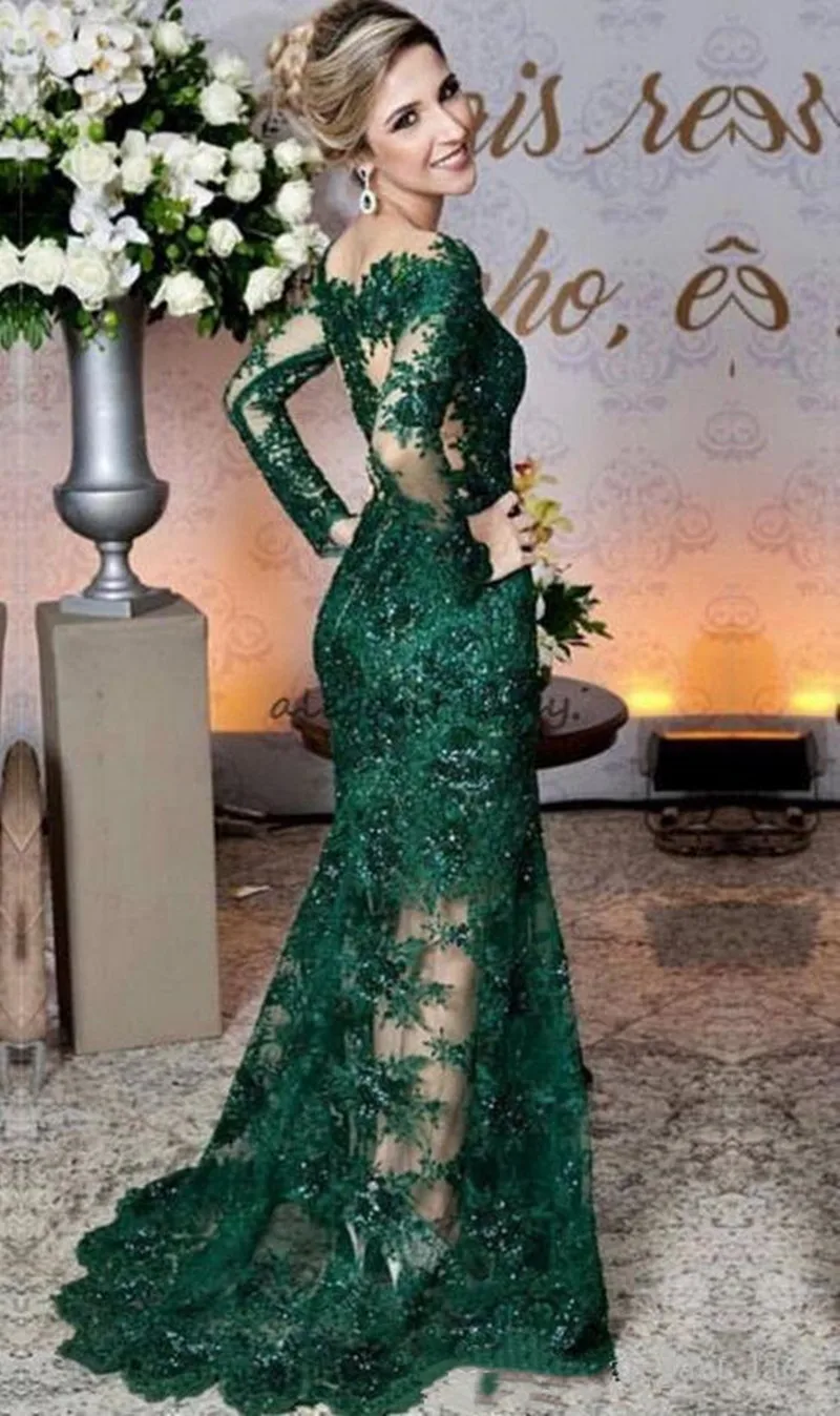 MULONG Emerald Green Evening Dresses Lace Appliques Mermaid Formal Prom Dresses Sleeve Prom Gown Arabic graduation Dress