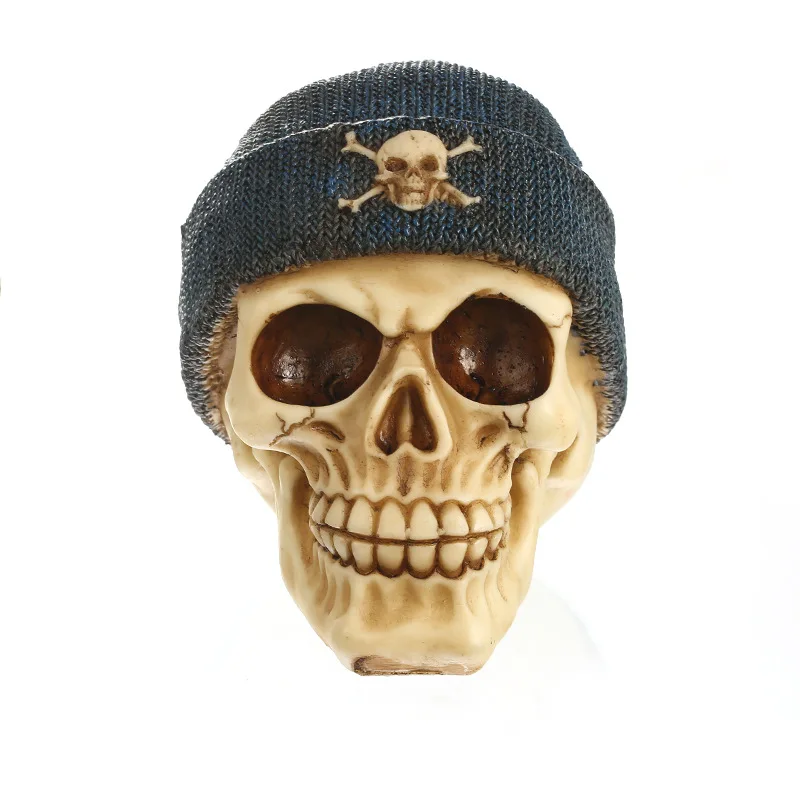 Moquerry Resin Skull With Cap Knitted Hat Gothic Human Skull Statues Handicraft Head Shape Figurines Home Bar Decor Halloween