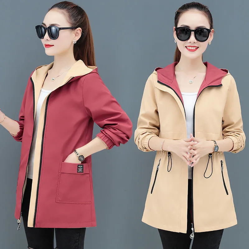 New 2024 Women Jacket Spring Autumn Hooded Coat Casual Windbreaker Female Double-sided Wear Zippers Basic Jacket Ladies Outerwea